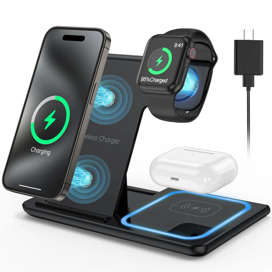 Wireless Charger, 18W Fast Iphone Charging Station for Iphone 16/15/14/13/12 /11/Pro Max/Plus, 3 in 1 Wireless Charging Stand for Iwatch Series SE 10/9/8/7/6/5/4/3, Airpods Pro/3/2 (W/ QC3.0 Adapter) - DiscoveringUOnline