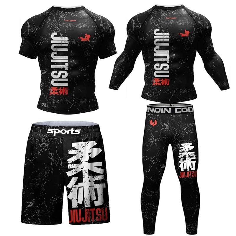 New Jiu Jitsu Rashguard MMA T-shirt +Pants For Men 4PCS/Set Brazilian Grappling Bjj Boxing Rash Guard Sport Clothing Gym Shorts - DiscoveringUOnline